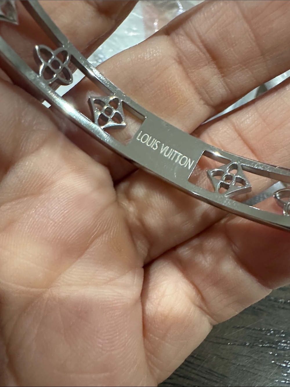 Louis Vuitton Silver Metal Monogram Cutout Bangle - Picture 2 of 3